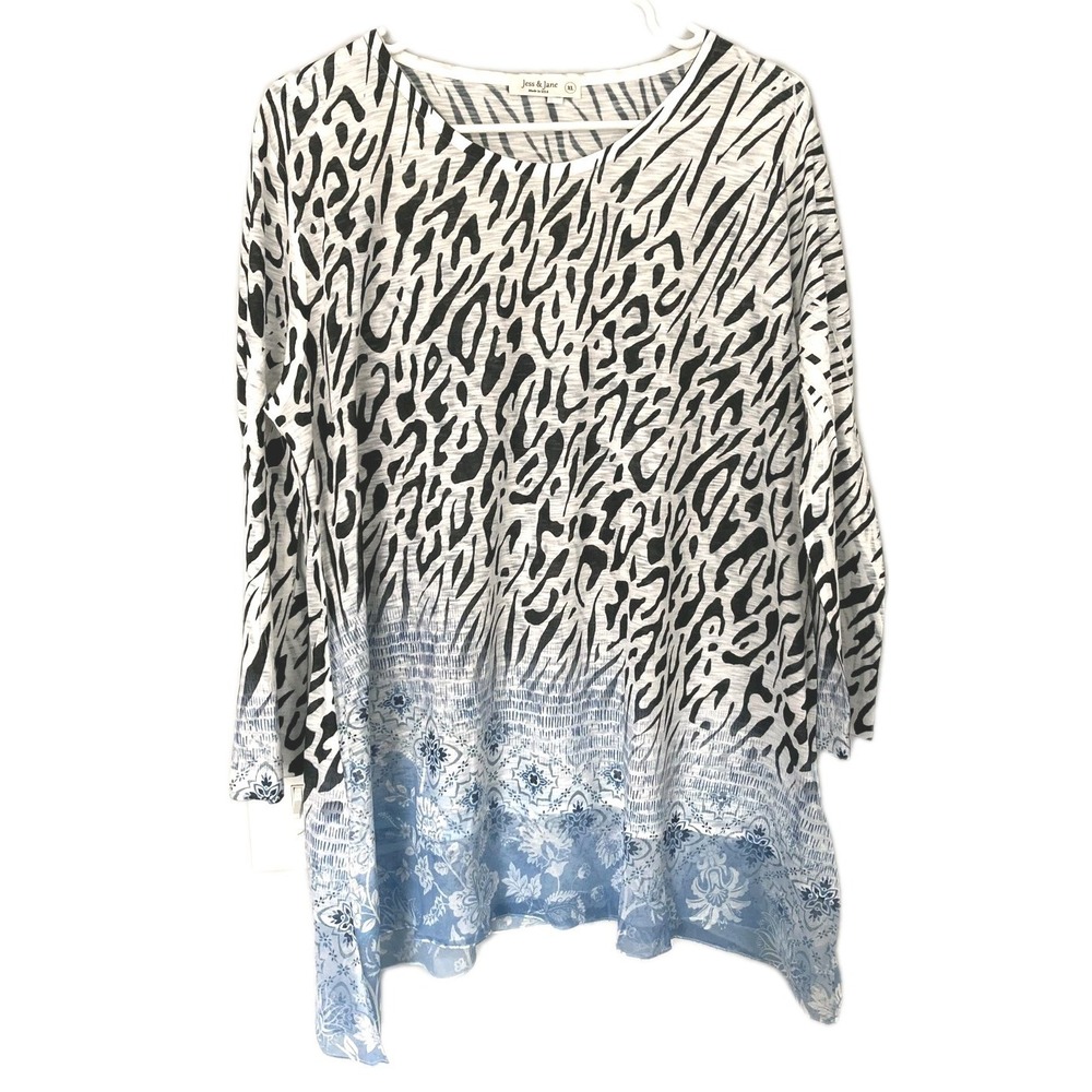 Jess & Jane Tunic Top Women XL Animal Leopard/Floral PrInt 3/4 Strappy Sleeve